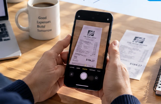 Illustrative scene of a receipt being photographed at a desk