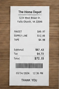 Sample Home Depot receipt on a wooden desk